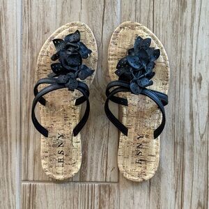 Esny black perforated flower flat sandal Size 6 EUC